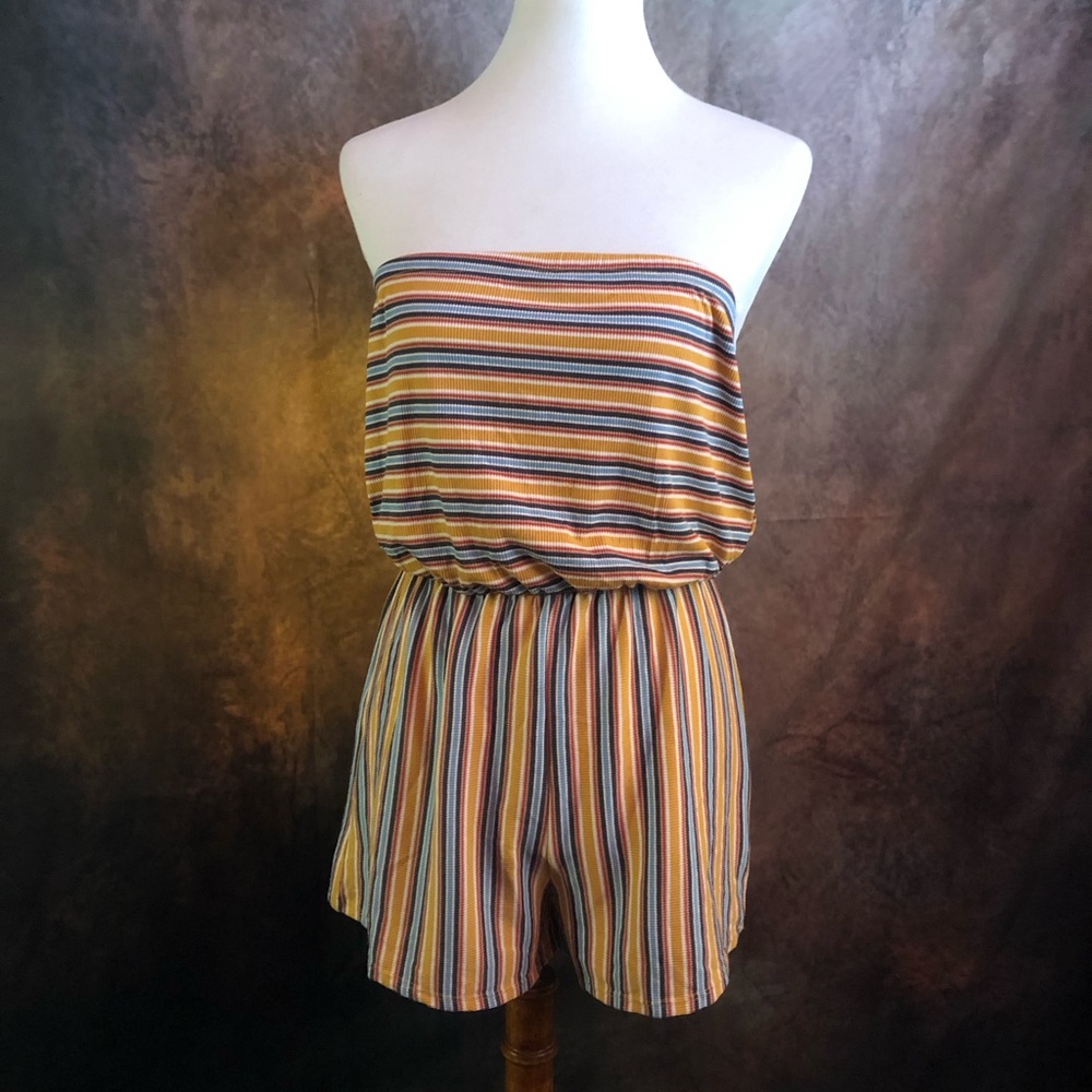 Wild Fable Multistripe Strapless Romper in Mustard, Navy & Cream